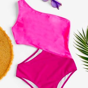 Two tone pink one shoulder swim suit